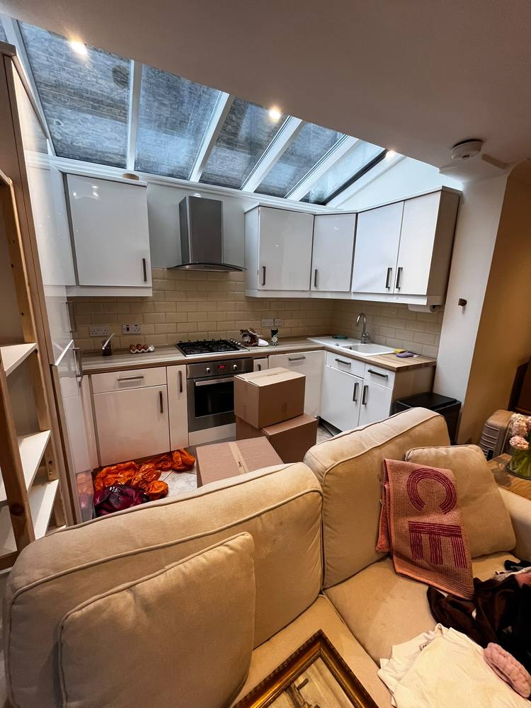 Boxes packed in a London kitchen